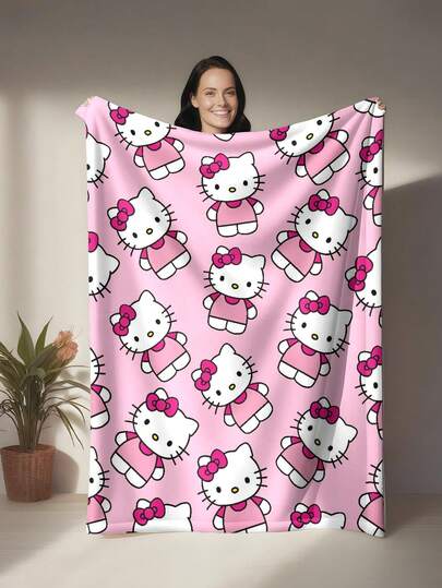 Sanrio Couverture en flanelle thème Hello chat, fond rose avec imprimé Hello chat tout-sur-tout, style mignon et féminin, décoratif et pratique, peut être utilisé comme cadeau ou article de réchaud domestique quotidien, convient également comme couverture de jet, couverture de climatisation, couverture de canapé pour canapé, chambre à coucher, camping, voyage, pratique et commémorative