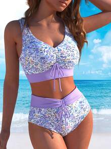 Lilac Floral Print Drawstring Bikini Set - 彩色 - 查看 3