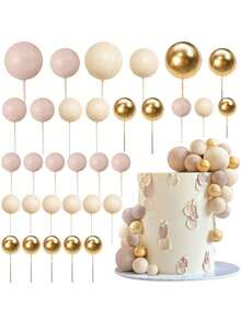 32pcs Colorful Ball Cake Toppers, Suitable For Decorating Birthday Party And Wedding Cupcakes And Cakes, Includes Pink, Yellow, Blue, Purple And Green Pearl-Like Spheres - Multicolor - View 7