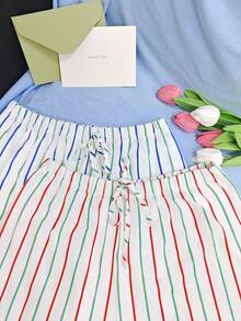 2条轻盈柔软舒适的蝴蝶结腰带条纹印花阔腿裤，休闲居家服，春夏款 - 彩色 - 查看 3