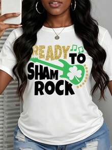 Women's Funny Round Neck Printed Short Sleeve Ready To Shamrock Guitar And Clover Design 100 Percent Cotton Casual T -Shirt For St Patricks Day Party Festival Gift Choice - 白色 - 查看 1