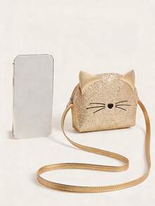 1pc Girls Cute Kitten Pattern Glitter Mini Half-Circle Crossbody Bag, Suitable For Daily Use As Gift - Gold - View 7