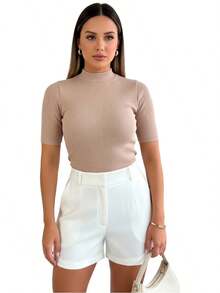 Women's High Neck Ribbed Premium Blouse With 3/4 Sleeves - Basic, Elegant, Comfortable - Classic And Timeless Women's Fashion - 米色 - 查看 3
