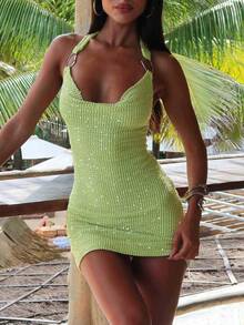 Women's Sequin Knitted Halter Mini Dress Stylish Solid Sequined Slim Fit Backless Bodycon Dress Summer Club Party Beach Vacation Short Dress Teen Girl Going Out Streetwear - Xanh nhạt - Xem 1