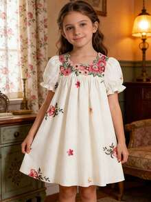 Vintage Floral Print Loose Dress For Girls, Delicate Puff Sleeve Embroidered Flowers (Embroidered Flower Position And Collar Flower Color Are Random), Suitable For Parent-Child Activities, Garden Party - Apricot - View 2