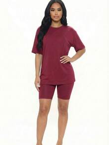 2pcs Loose Fit Top & Biker Shorts Set For Women, Solid Color Round Neck Machine Washable Comfy Basic Loungewear Sets For Summer Spring Fall - 酒紅色 - 查看 4