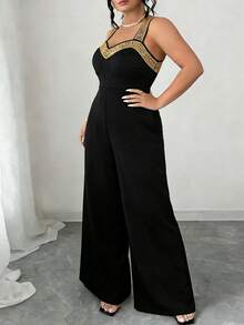 Bộ jumpsuit thanh lịch cỡ lớn với dây đeo mảnh, viền đính hạt vàng trên dây đeo và phần ngực, có túi, kiểu quần ống rộng, phù hợp cho các bữa tiệc và sự kiện trang trọng, màu đen mùa hè. - màu đen - Xem 2