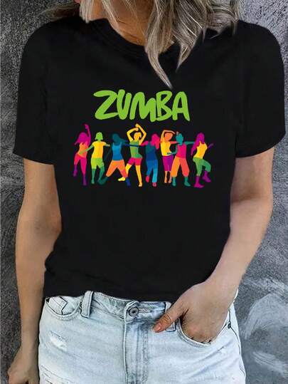 Women's Vibrant Zumba Graphic T-Shirt - Black Short Sleeve Crew Neck, Stretchy Cotton Blend, Machine Washable, Perfect for Spring & Summer, Zumba Tshirts