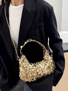 1 chiếc túi xách tay hình trăng khuyết đính sequin bằng PVC có khóa kéo, thiết kế thời trang dành cho nữ, ví cầm tay sành điệu cho tiệc tối, túi lấp lánh rộng rãi, phù hợp cho phụ nữ tham dự tiệc chiêu đãi và các buổi tiệc. - Vàng - Xem 4