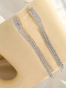 2pcs New Silver Tone Exaggerated Fashion Tassel Clip-On Earrings Adorned With Rhinestones For Women, Suitable For Weddings - Silver - View 4