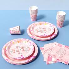 Pink & Silver Balloon "Happy Birthday" Disposable Plate, Napkin, Cup Set, Serves 8 Guests, Suitable For Birthday, Wedding, Party, Family Picnic - Multicolor - View 5