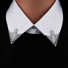 2pcs/Set Unisex Fashionable Vintage V-Shaped Hollow Out Shirt Collar Clip Pin Brooch, Suitable For Daily And Party Wear - 銀色 - 查看 4