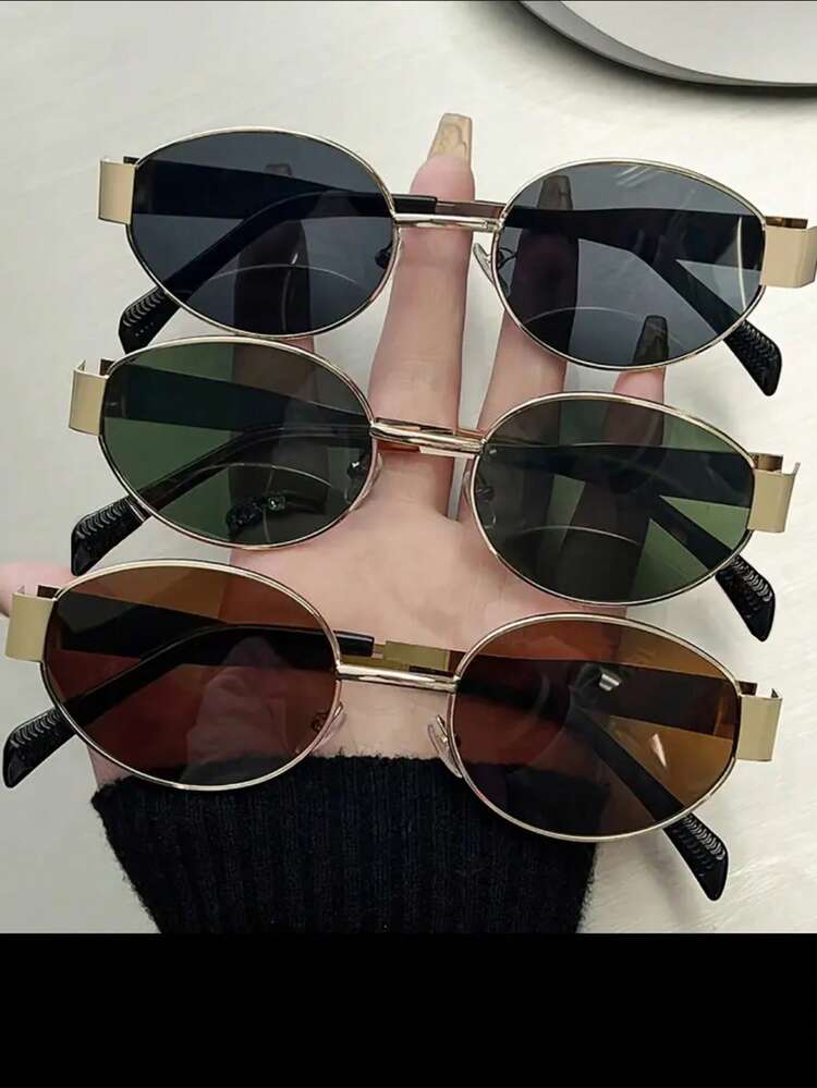 3 piezas Gafas de moda ovaladas de metal retro bohemio, gafas decorativas de alta gama con estilo unisex - 3 piezas - Gris, Marrón, Verde - Añade 5