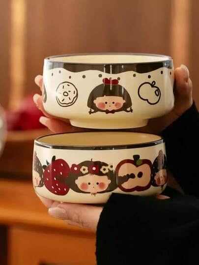 日本手绘水果少女陶瓷碗，釉下彩工艺，可作水果碗、酸奶碗、零食碗、饭碗、甜点碗，适合日常使用、家居、餐厅、下午茶、馈赠亲友、节日礼品。