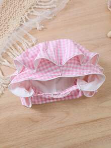 1件女婴可爱时尚休闲荷叶袖纹理面料拼接粉白格子短袖连衣裙，带可拆卸连帽披肩，春夏款 - 粉色 - 查看 8