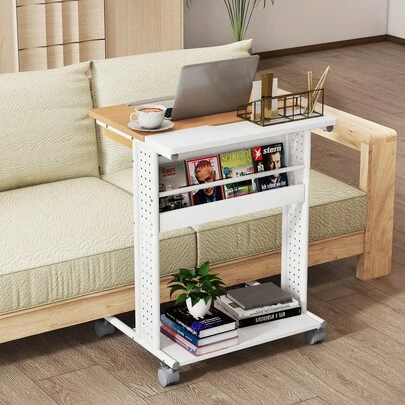  COSTWAY Rolling Portable Desk, Laptop Desk With Tilting Tabletop, Hidden Compartment, Storage Shelves & Pegboards, C-Shaped Computer Cart For Small Space, Home Office Desk For Living Room Bedroom, Natural