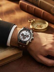 Fossil 男士石英计时腕表，圆形表盘，棕色皮表带，三眼显示，商务休闲风格，适合日常佩戴和作为礼物 - 棕色 - 查看 2