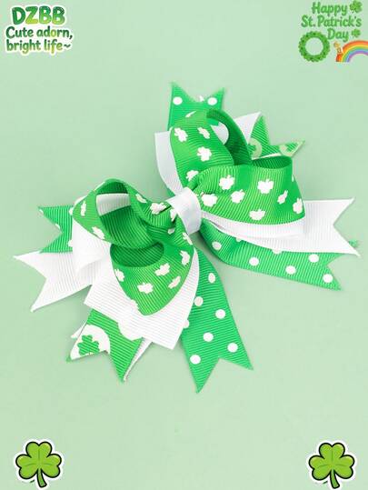 1pc St. Patrick's Day Green And White Fabric Flowers Hair Bow,Clover Hair Clip,Fashion Oxalis Corniculata L. Print Hair Barrettes For Girls Teens Friends Daily Party Favors