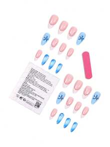 24片法式3D花朵图案假指甲，蓝色美甲，艺术美甲，适合日常佩戴 - 彩色 - 查看 3