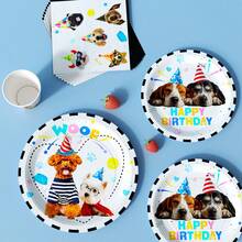 Cute Puppy Happy Birthday Disposable Plate, Napkin, Cup Set, Plates, Napkins And Cups Party Supplies, Serves 8 Guests, Disposable Paper Plates Party Tableware Suitable For Birthday, Wedding, Theme Party, Family Picnic - Multicolor - View 4