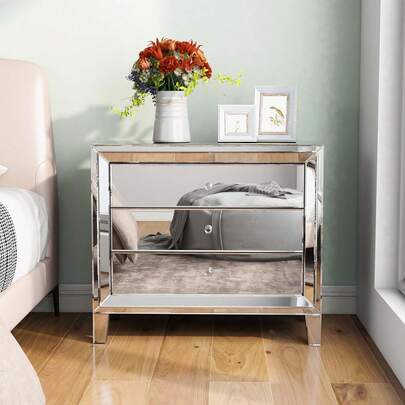 Mirrored Nightstand With 3 Drawers, Silver Glass Bedside Table With Handles, Modern Decorative Side End Table Bedroom