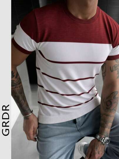 GRDR Camiseta masculina de verão listrada em malha, gola redonda e manga curta, ideal para acampamentos de verão, atividades em equipe e uso diário.