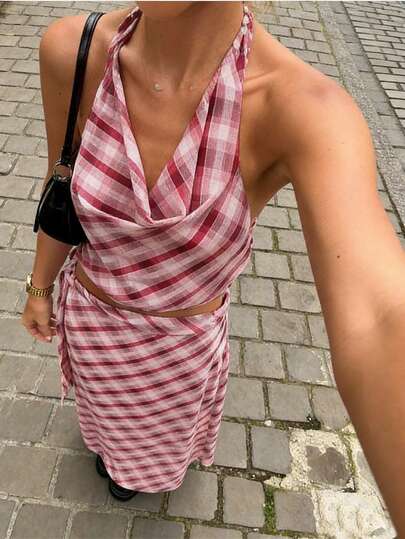 女士系带格子两件套，休闲度假日常穿着，时尚夏季套装