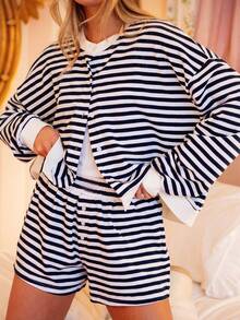 Women Striped Shorts Set Long Sleeve Button Down Cardigan Wide Leg Boxers 2 Piece Matching Outfits - Black - View 4