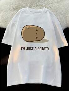 Women's Casual Loose T-Shirt With "I'm Just A Potato" Cartoon Design - Soft And Breathable, Round Neck, Short Sleeve, White, Perfect For Spring And Summer, Everyday T-Shirt With Humorous Pattern, Comfortable Fit - màu đen - Xem 7