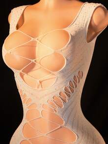 Women's Sexy Lingerie Rhinestone Strappy Hollow Out Dress Erotic Stretchy Slim Fit Mini Dress Intimate Club Party Date Outfit - White - View 5