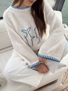 Just Masa Women's Loose Hollow Out Knit Beach Cover Up, Round Neck Cute Fish Embroidery Knit White Cover Up, Suitable For Summer Vacation And Beach - White - View 7