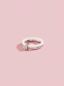1 pieza Anillo de acero inoxidable con circonita cúbica y cerámica de estilo elegante, joyería para damas, regalo para boda, fiesta o citas - Acero inoxidable - Ver 4