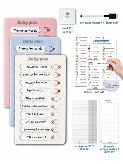 janchn 1 Set Upgraded Magnetic Dry Erase Chore & Schedule Board - Multipurpose Planner, Reusable Checklist & To-Do List Organizer For Fridge, Desk & Wall, Durable PVC Habit Tracker With 10 Blank Cards, 2 Erasable Cards, 72 Daily Task Stickers, Marker & Damage-Free Hooks, Magnetic Sliding Daily Management Office Supplies