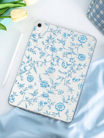 1pc TPU Soft Case With Fresh Blue & White Floral Pattern, Compatible With Mini 1/2/3/Mini 4/Mini 5/Mini 6/Mini 7/Air/Air 2/9.7/10.2/10.5/Air 4/Air 5/10.9/Pro 11-Inch/10th Gen/Air 11-Inch (M3) 2025/Pad (A16) 11 Inch 11th Generation 2025, A7/A8, Lightweight Ultra-Thin Soft Shell, Fresh/Personalized/Creative/Minimalist, TPU Tablet Protective Cover, Transparent Case, No Pen Slot