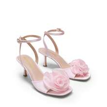 Women Kitten Hee Wedding Heeled Sandals Ankle Strap Square Open Toe Heeled Sandals Flower Dress Shoes For Spring Wedding Party Prom Wearing - 粉色 - 查看 2