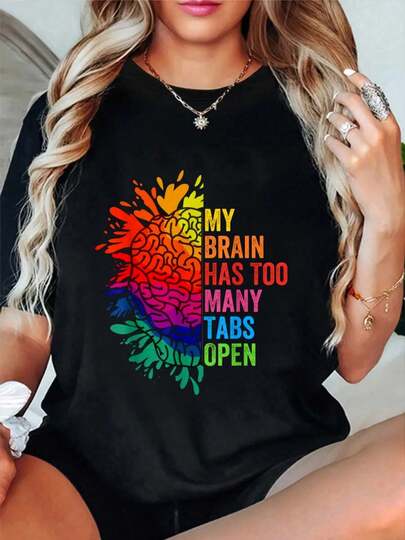100% Cotton My Brain Has Too Many Tabs Open ADHD Is Awesome T-Shirt Women's Vintage Relaxed Fit Tee Premium Soft Tops Printing Round Neck Fashion Shirts