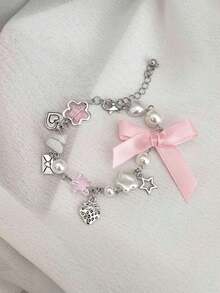 Kawaii 1pc Fashionable Sweet & Simple, Strawberry, Bowknot, And Faux Pearl Decor Chain Bracelet Valentines,Mom,Mother,Mother's Day, - Multicolor 3 - View 1