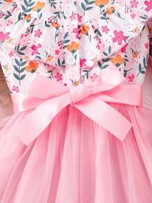 1pc Young Girl Long Sleeve Floral Print Collared Mesh Dress With Waist Tie - Pink - View 5