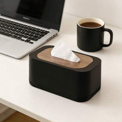 Caja de pañuelos de lujo con tapa de grano de madera, caja de almacenamiento a prueba de polvo para pañuelos, adecuada para dormitorio, mesita de noche, escritorio de oficina, mesa de comedor, sala de estar, caja de pañuelos decorativa (negro/blanco/gris)