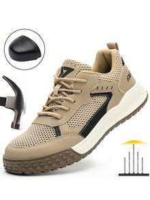 Men's Safety Shoes, Lightweight Work Shoes Plus Size, Low-Top Breathable Steel Toe Shoes, Anti-Slip Anti-Crush Steel Toe Shoes, Outdoor Lace-Up Hiking Shoes, Industrial & Construction Protective Shoes, Spring/Summer Mesh Breathable Work Shoes - 米色 - 查看 2