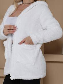 Plush Teddy Jacket/Blouse With Hood And Pocket. - White - View 3