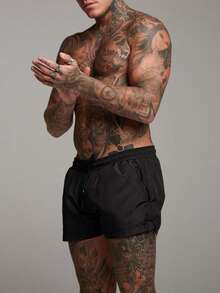 Summer Solid Color Drawstring Elastic Waist Black Short Inseam Quick Dry Men's Beach Shorts For World Cup Fans - 黑色 - 查看 4