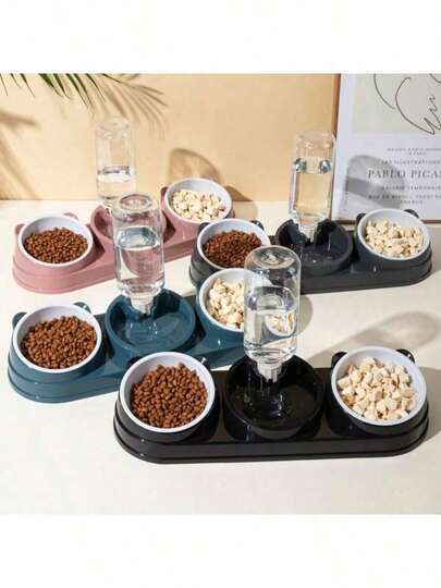 2-In-1 Cat Food And Water Bowl Set, Featuring Dry-Wet Separation Design, Durable Plastic Material Easy To Clean, Tilted Design To Protect Pet's Neck. This Water Dispenser And Food Bowl Set Is Suitable For Cats And Small Dogs, An Ideal Choice To Provide Ample Water And Healthy Diet For Multiple Pets.