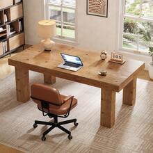 Tribesigns 63-Inch Solid Wood Executive Desk With Sturdy Wooden Legs, Farmhouse Home Office Computer Desk, Simple Writing Study Table Business Workstation For Home Office - 棕色 - 查看 1
