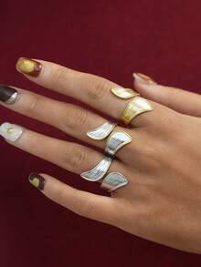 3pcs/1pc Vintage Design Glossy Stripe 18k Gold Plated Stainless Steel Ring Jewelry Set, High Quality Accessories For Women, Stackable Women's Jewelry Gifts Suitable For Special Occasions Such As Date Parties, Anniversaries, Exquisite Women's Jewelry Gifts - Multicolor - View 5
