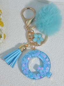 1pc Blue Heart Letter Keychain With Butterfly & Flower Decor, Women Bag Charm, Gift Keyring With Pom Pom Gifts For Mother, Father, Graduation, And Teacher - Baby Blue - View 23