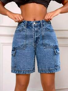 Pantalones cortos de mezclilla casuales y sueltos con diseño de bolsillo elástico de moda para mujer, para el verano - Celeste - Ver 2