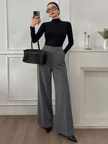 Livesso Women's Casual Solid Wide Leg Pants,Women Dress Pants - Grey - View 4