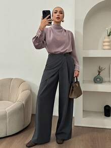 DAZY Pantalones anchos de 2 en 1 de unicolor elegante y holgado para mujer, ropa formal para primavera y otoño - Gris - Ver 5