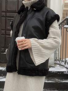 Livesso 女士保暖内衬宽松高领口袋休闲街头风无袖外套，秋冬女式背心外套 - 黑色 - 查看 6